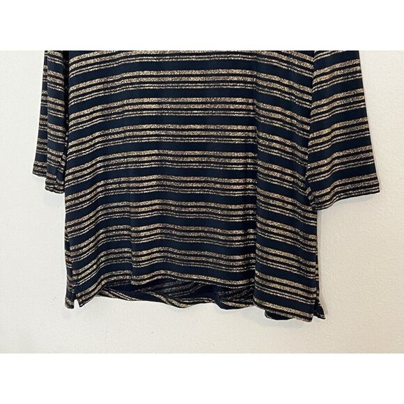 Chicos Travelers Blouse Womens 3 Navy Gold Metallic Striped Long Sleeve - Picture 9 of 13